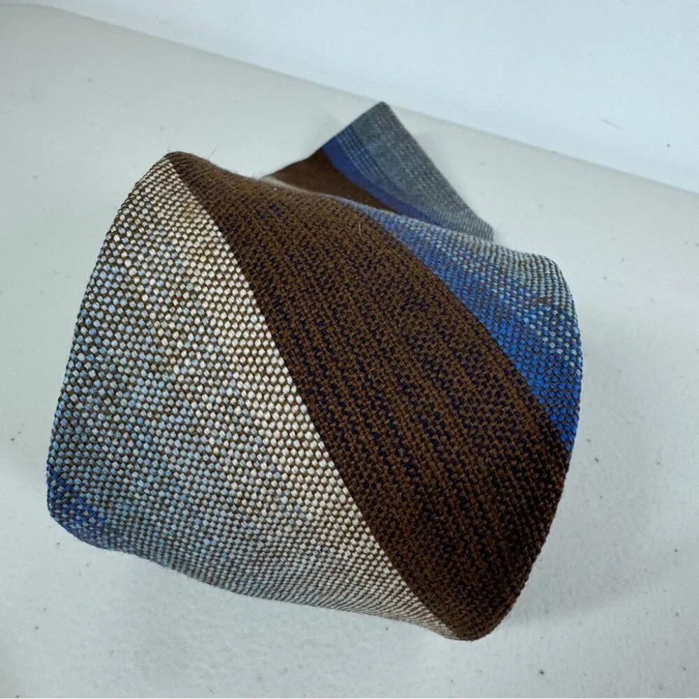 Madawaska Weavers Wool Striped Brown and Blue Men's Tie Vintage Handmade Canada
